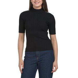 RAFIANA Black Short Sleeve Ribbed Turtleneck Sweater